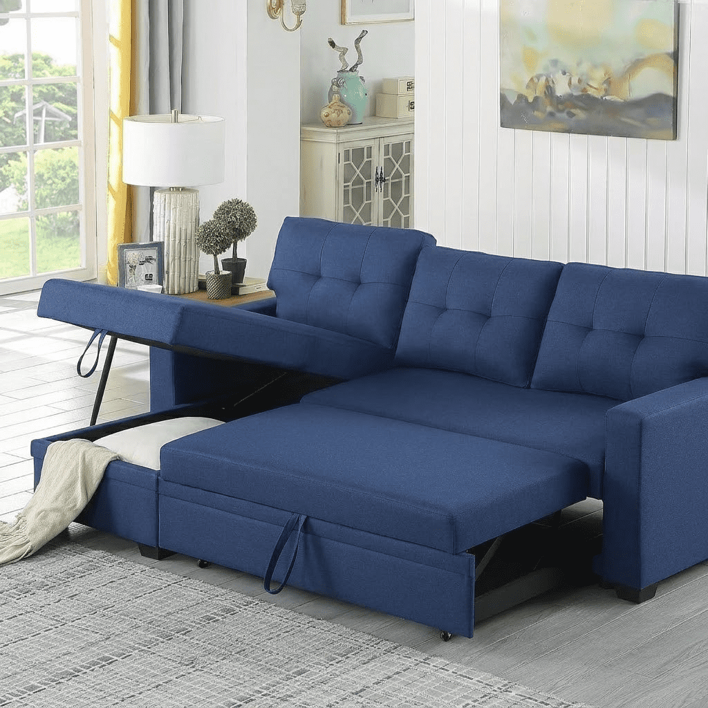 Howcool 82" Convertible Sleeper Sofa Bed, Pull-Out Couch with Reversible Storage Chaise, L-Shaped Sectional Couch with USB Charging, Linen Fabric Sofa for Small Living Room Apartment,Blue
