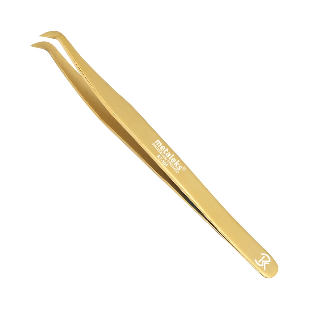 4PCS - 12CM Golden Titanium Coated Eyelash Extension Tweezers With Black Glitter Elastic Kit - Made of Japanese Stainless Steel