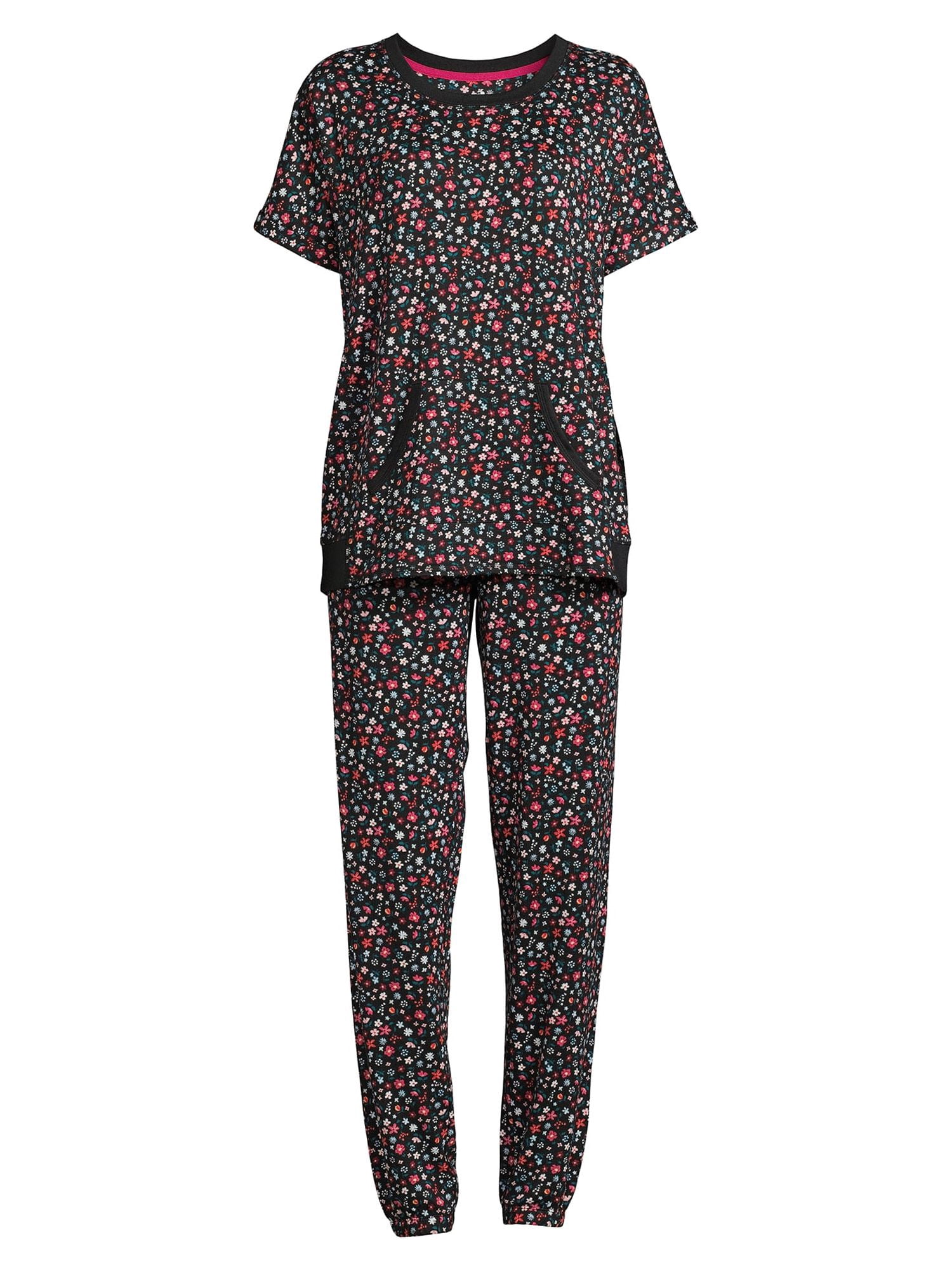Secret Treasures Women's and Women's Plus Short Sleeve Top and Joggers with Makeup Bag, 3-Piece Knit PJ Set
