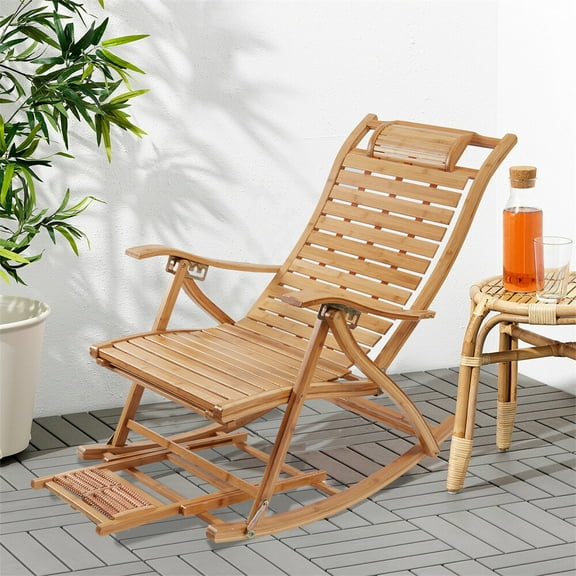 JWRWEF Heavy Duty Folding Rocking Chair, Adjustable 5-Position Bamboo Recliner with Footrest & Headrest, Indoor Outdoor Lounge Chair for Living Room, Balcony, Patio, Garden, Natural