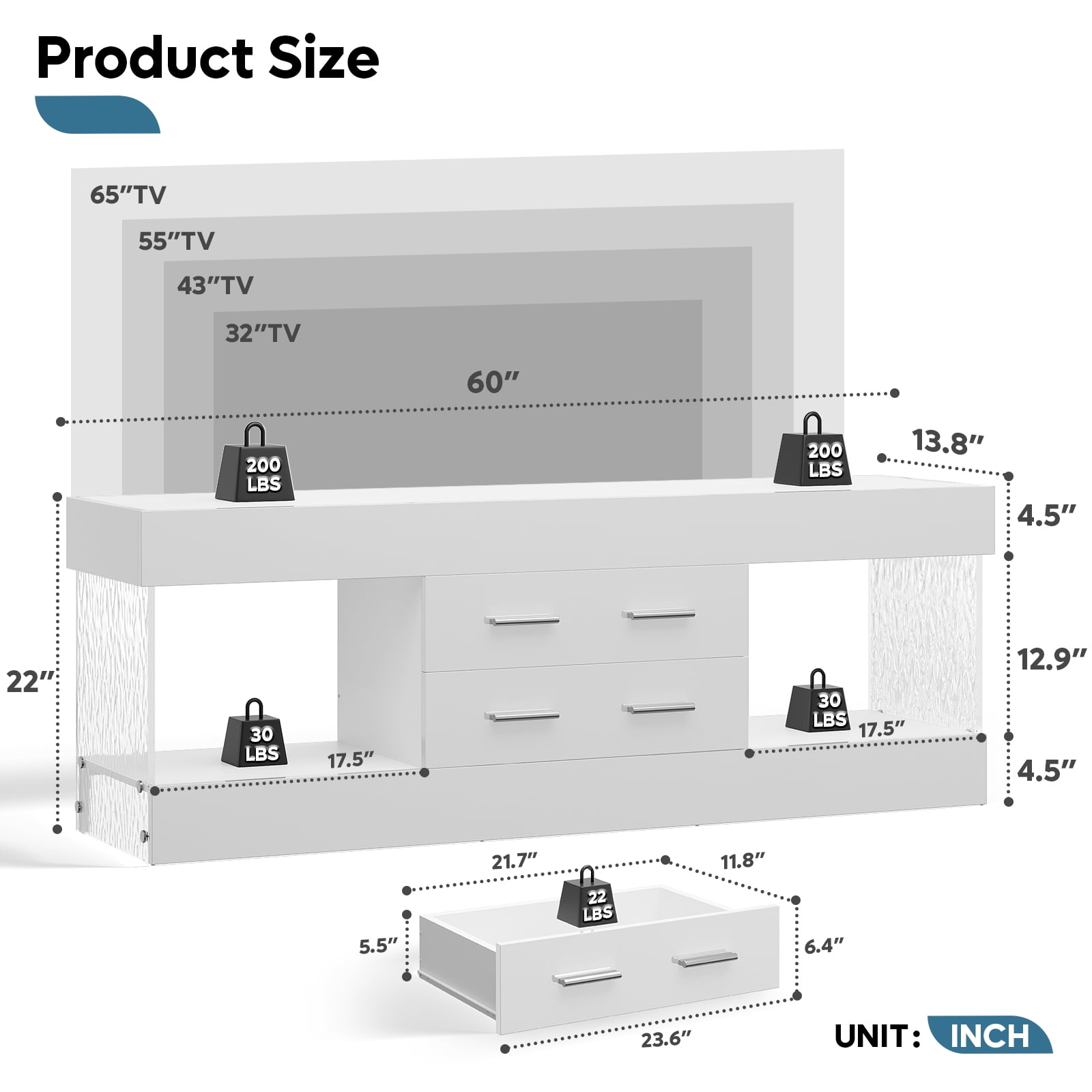 Bestier White TV Stand for TVs up to 65", Modern High Gloss Entertainment Center for TVs with LED Light, TV Console Table with 2 Storage Drawers