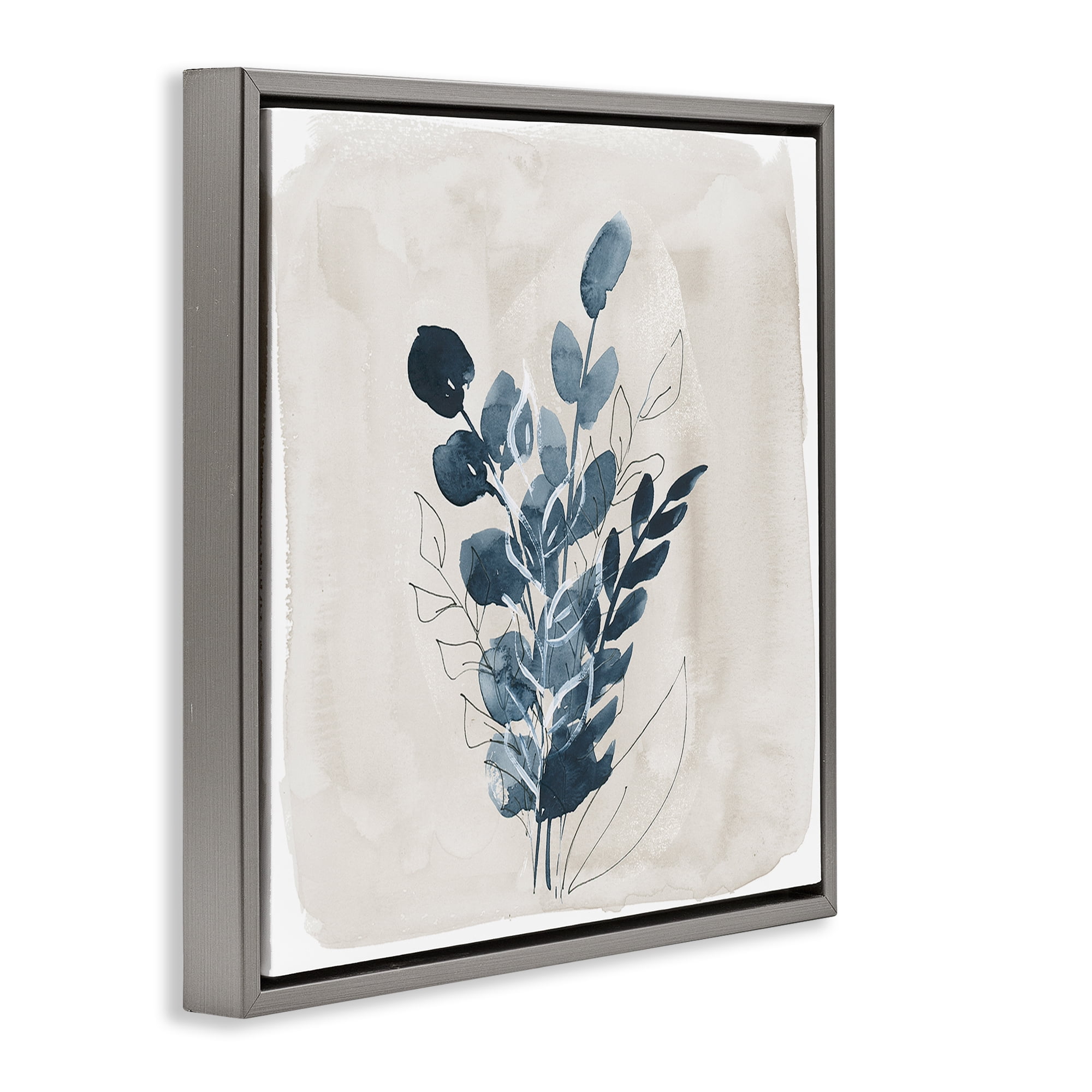 Stupell Industries Summer Leaf Sprigs Plants & Flowers Painting Gray Floater Framed Canvas Art Print Wall Art, 18 x 18