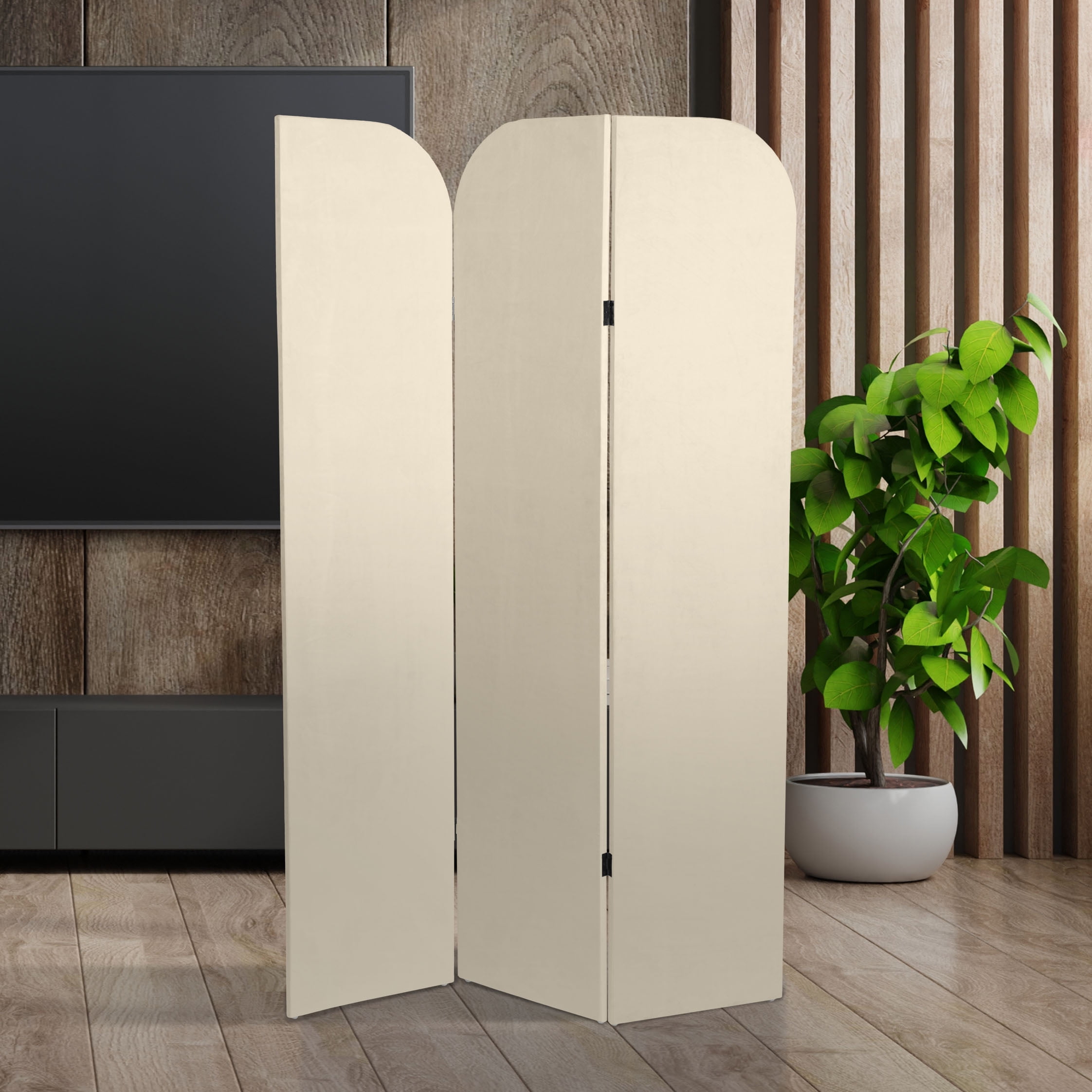 6 ft. Modern Arch Velvet Room Divider Cream 3 Panel
