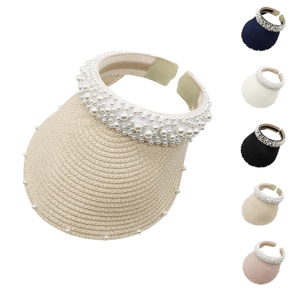 Straw Visors for Women Summer Wide Brim Uv Protection Sun Visors with Pearl Headband Beach Sun Hat