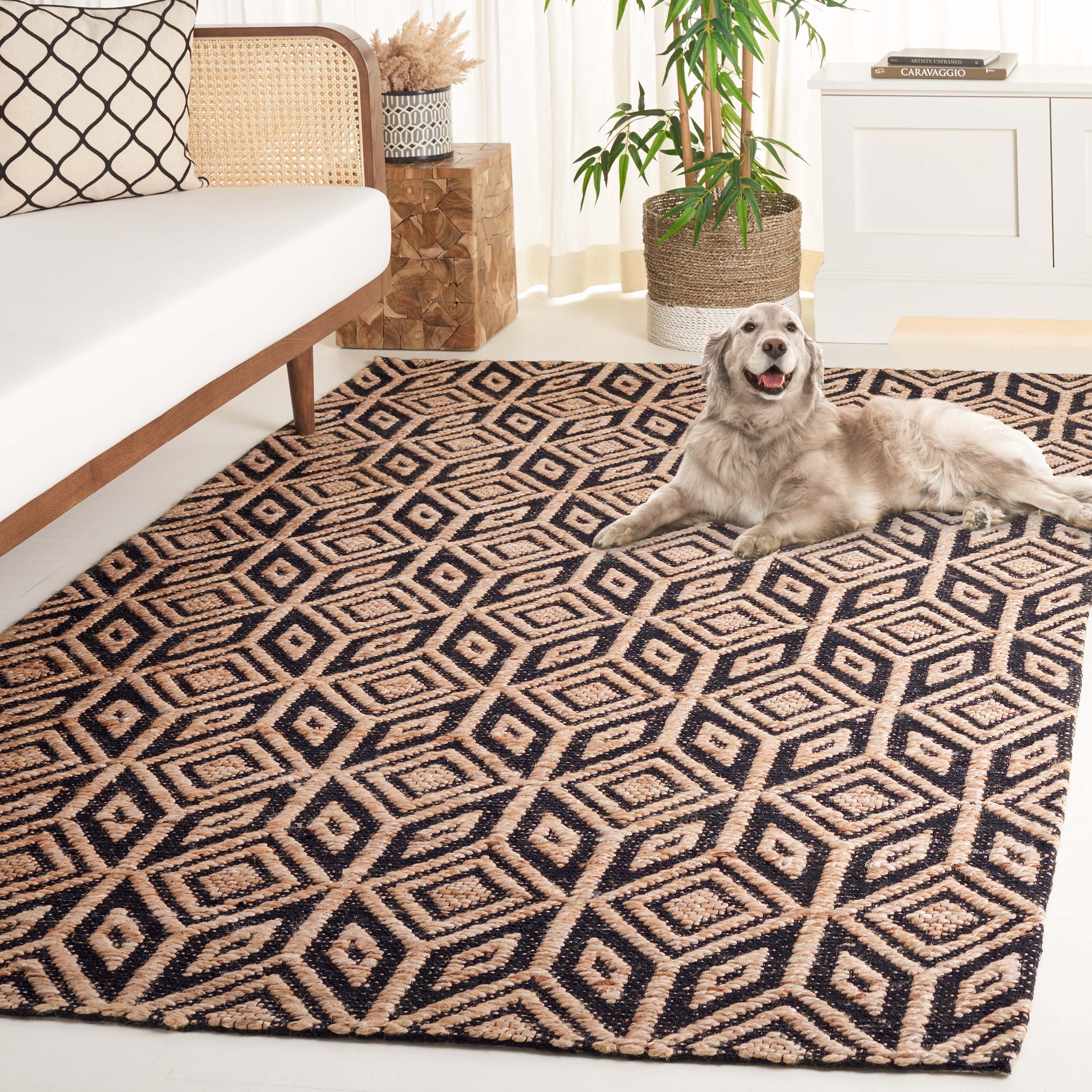 SAFAVIEH Natural Fiber Calanthe Geometric Area Rug, Natural/Black, 6'6" x 6'6" Square
