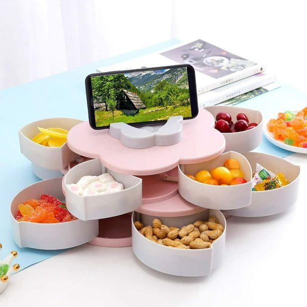 Yundap Bloom Flower Rotating Snack Box Nut Bowl Table Candy Food Storage Organizer With Cellphone Holder Pink