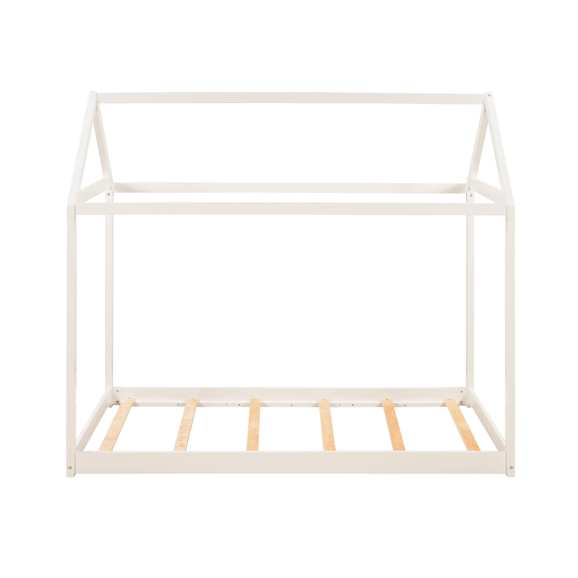 Gewnee Wood Twin Size Kids House Bed Frame,Montessori Floor Bed for Toddler,White