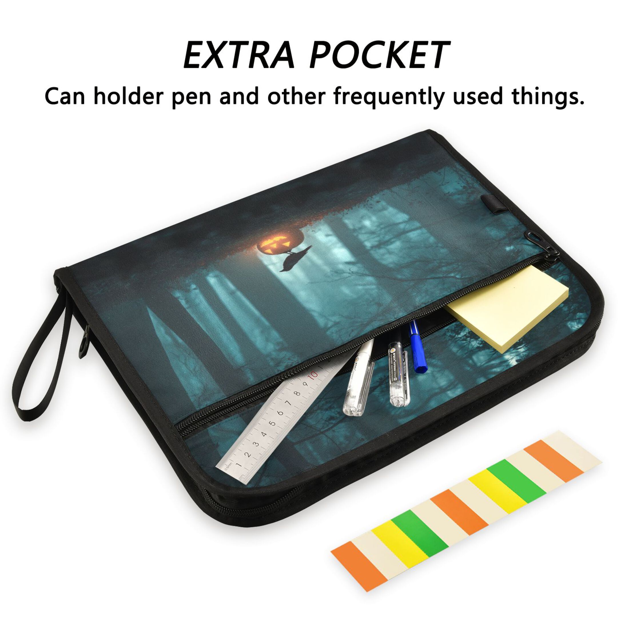 Accordion File Organizer with Zip Closure 13 Pockets Expanding File Folder Letter A4 Paper Document Organizer for Home Office Crow Perched on Pumpkin Lantern