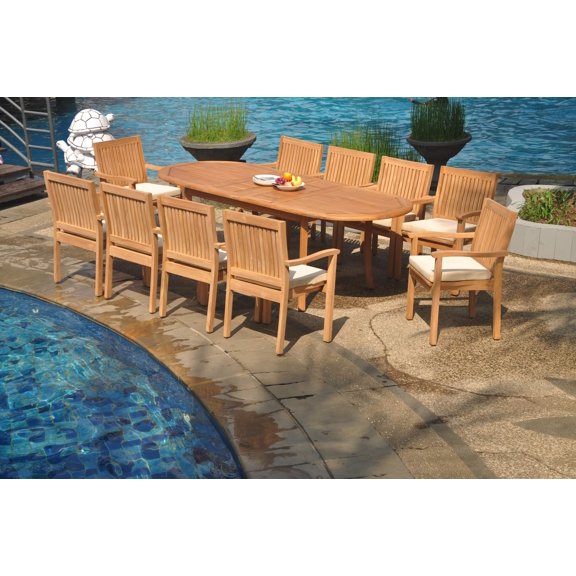 Grade-A Teak Dining Set: 10 Seater 11 Pc: 94" Double Extension Oval Table And 10 Leveb Stacking Arm Chairs Outdoor Patio WholesaleTeak #WMDSWVm