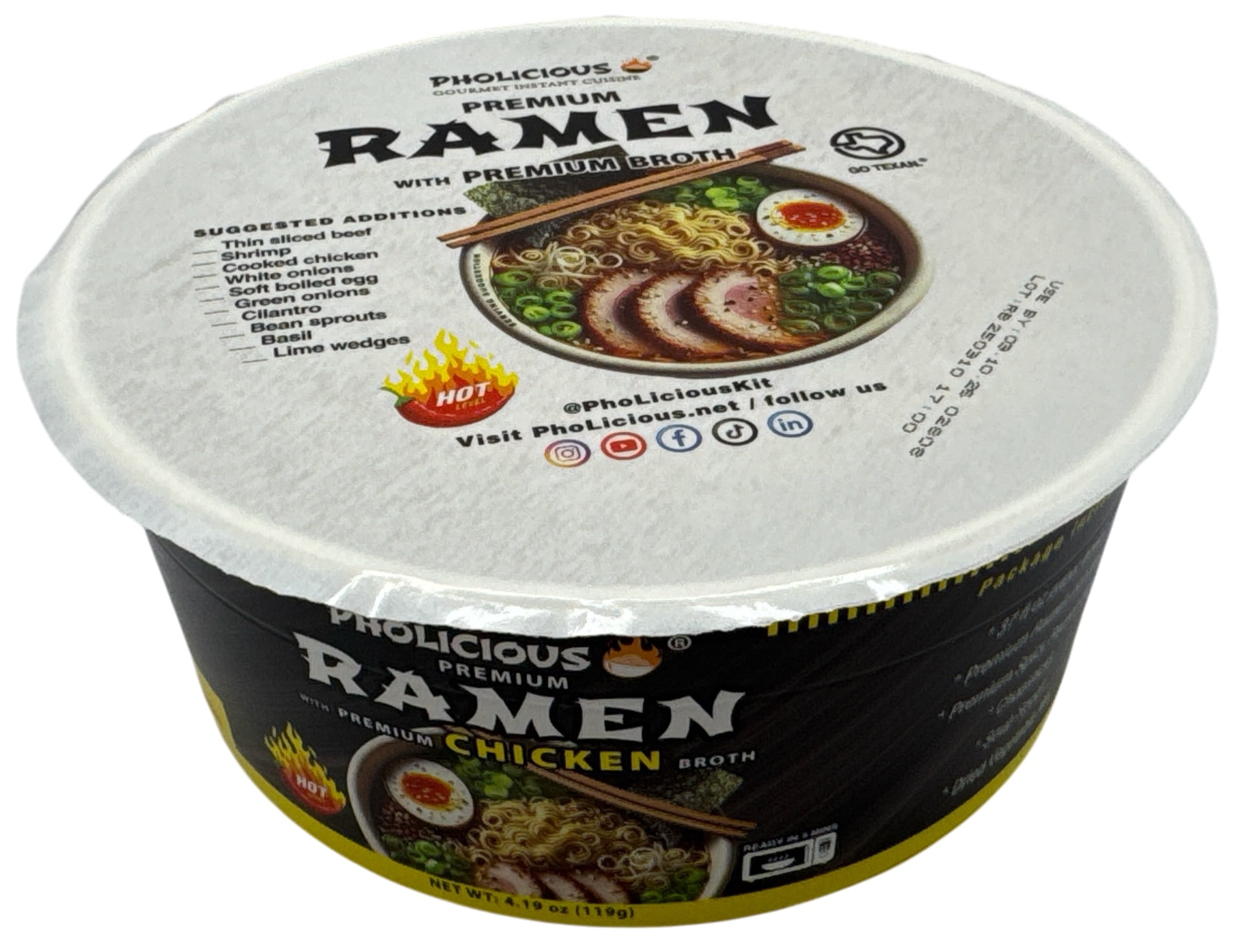 PhoLicious Spicy CHICKEN Premium Ramen, Instant, 4 Pack / 4.19 Ounce Bowls, Fresh Ingredients