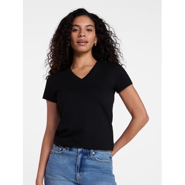 Time and Tru Women's Slim V Neck Tee with Short Sleeves, Sizes XS-XXXL