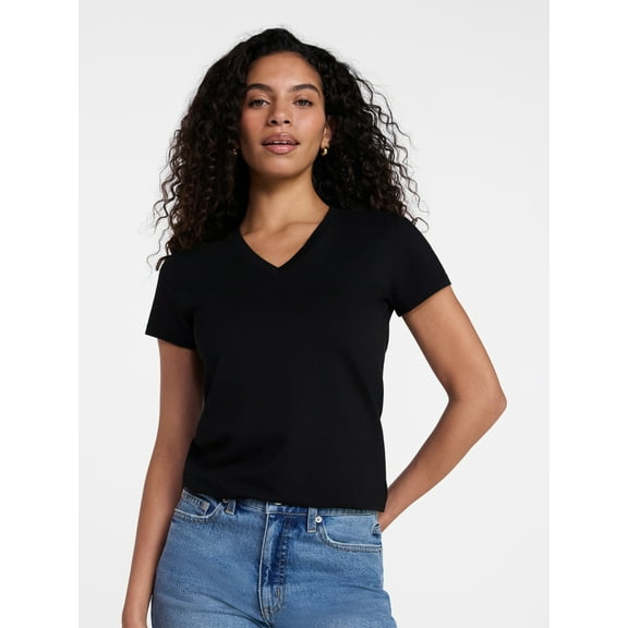 Time and Tru Women's Slim V Neck Tee with Short Sleeves, Sizes XS-XXXL