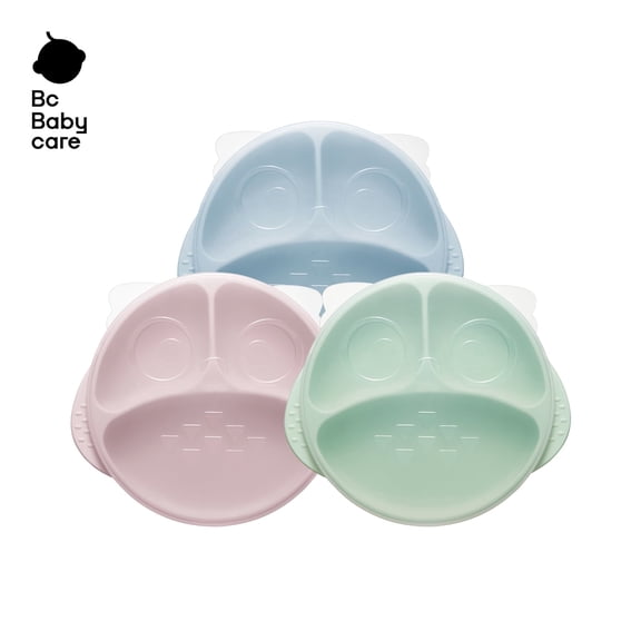BC Babycare Silicone Plate, Baby Owl Power 4-Point Suction Dust-Proof Silicone Plate, Baby Food Feeder, 3PACK