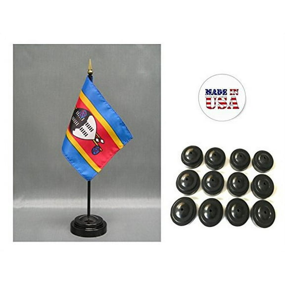 Box of 12 Swaziland 4"x6" Miniature Desk & Table Flags Includes 12 Flag Stands & 12 Swazi Small Mini Stick Flags