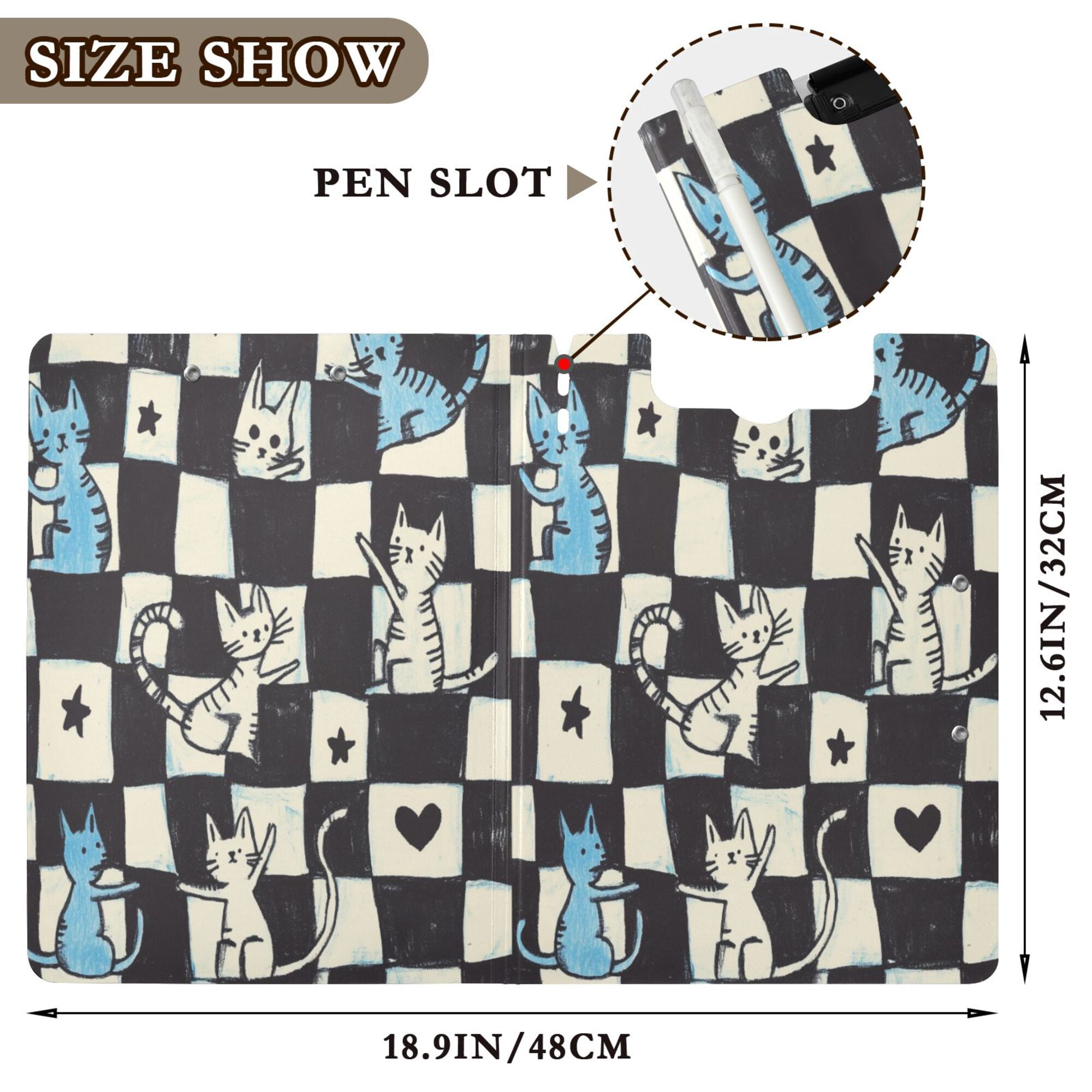 FORMRS A4 Clipboard Folder with Pen Holder Horizontal Foldable School Office Binder, Blue and White Cat