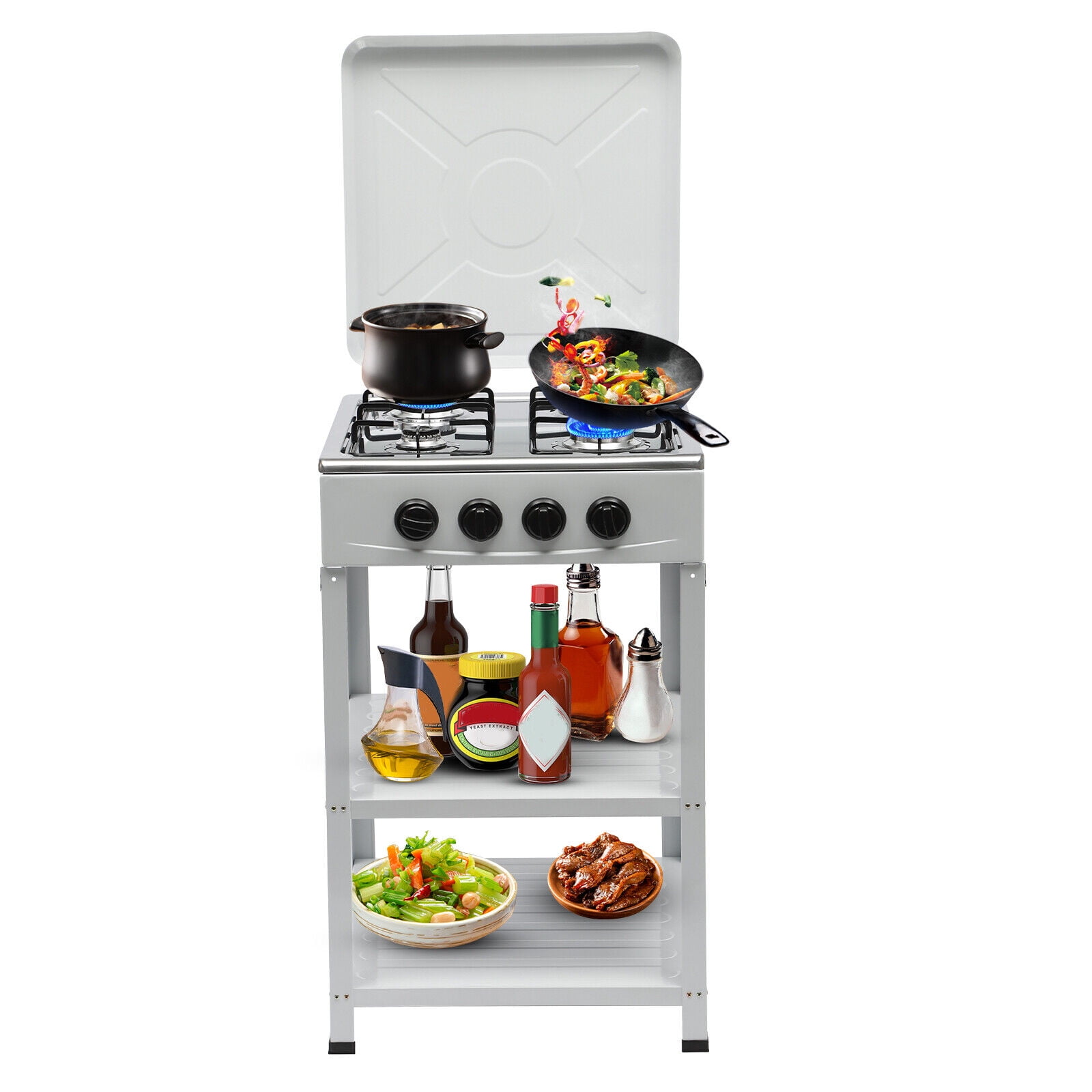 Commercial  4 Burners Cooking Gas Stove Set with Cover, Restaurant Kitchen Stand