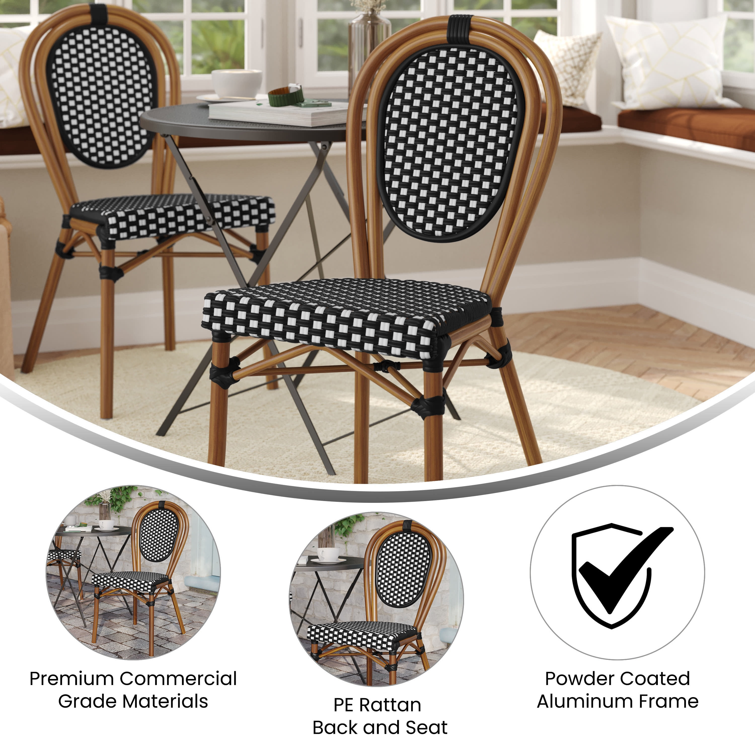 Flash Furniture Lourdes Indoor/Outdoor French Bistro Stacking Chair Black/White/Natural
