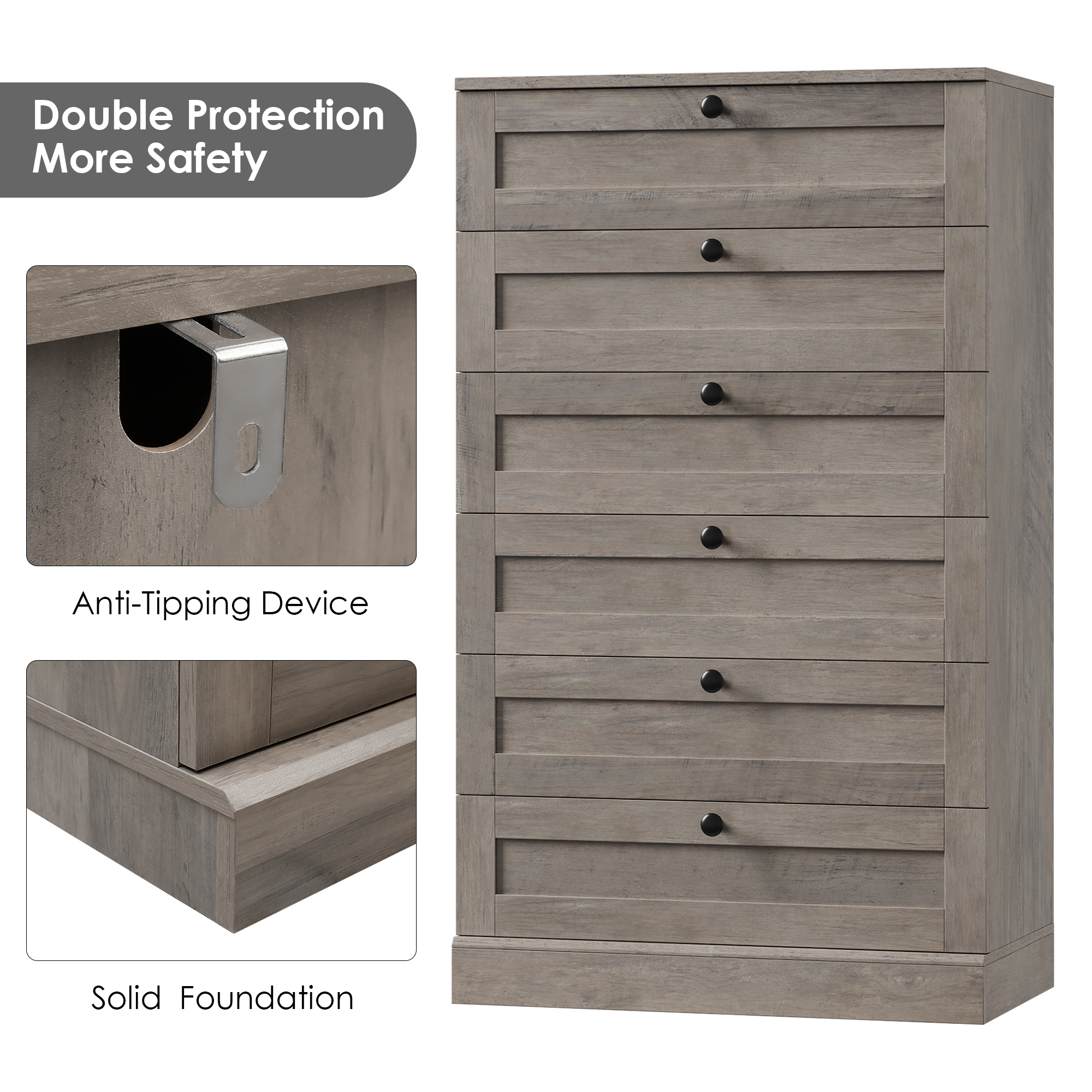Homfa Dresser for Bedroom with 6 Drawers, Modern Wood Dresser Chest of Drawers for Living Room, Entryway, Hallway, Gray