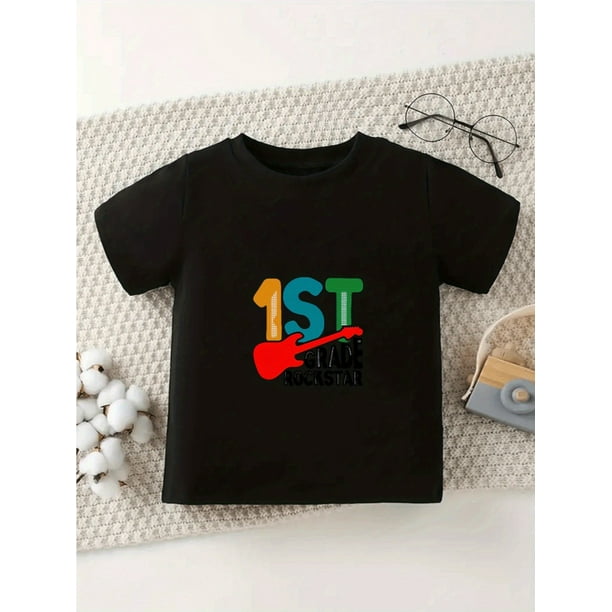 Girls' First Grade Celebration T-Shirt - "1st Grade Rockstar" Graphic Tee, Soft Stretchy Fabric for Toddler Girls, First of School Outfit or Birthday Party Shirt - Machine Washable Kids Top