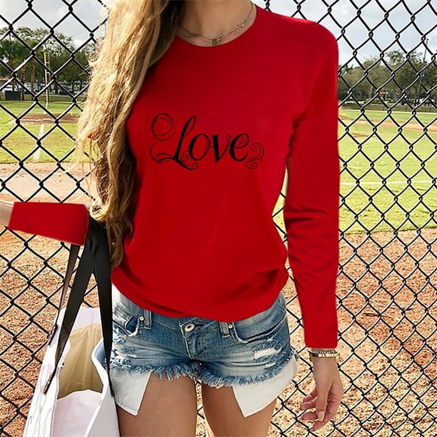 TaTaai Women Valentine's Day Printed Long Sleeve Top Ladies Wine Red Positioning Print Casual Daily Street Wear Soft Comfortable No Fading Machine Washable Stylish Blouse Gift