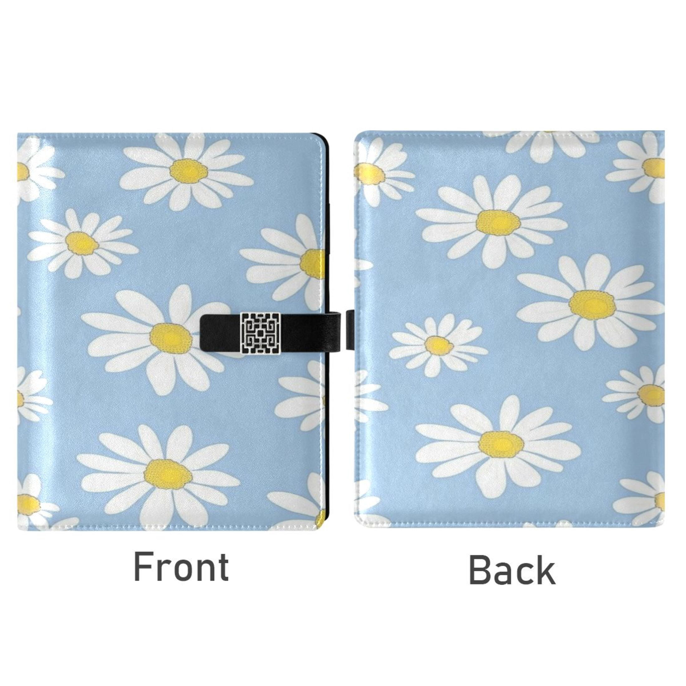 9.2x6.7 inch Leather Notebook 100 Sheets, Multi-Pocket Design & Pen Loop White Daisies Pattern Refillable Journal Organizer