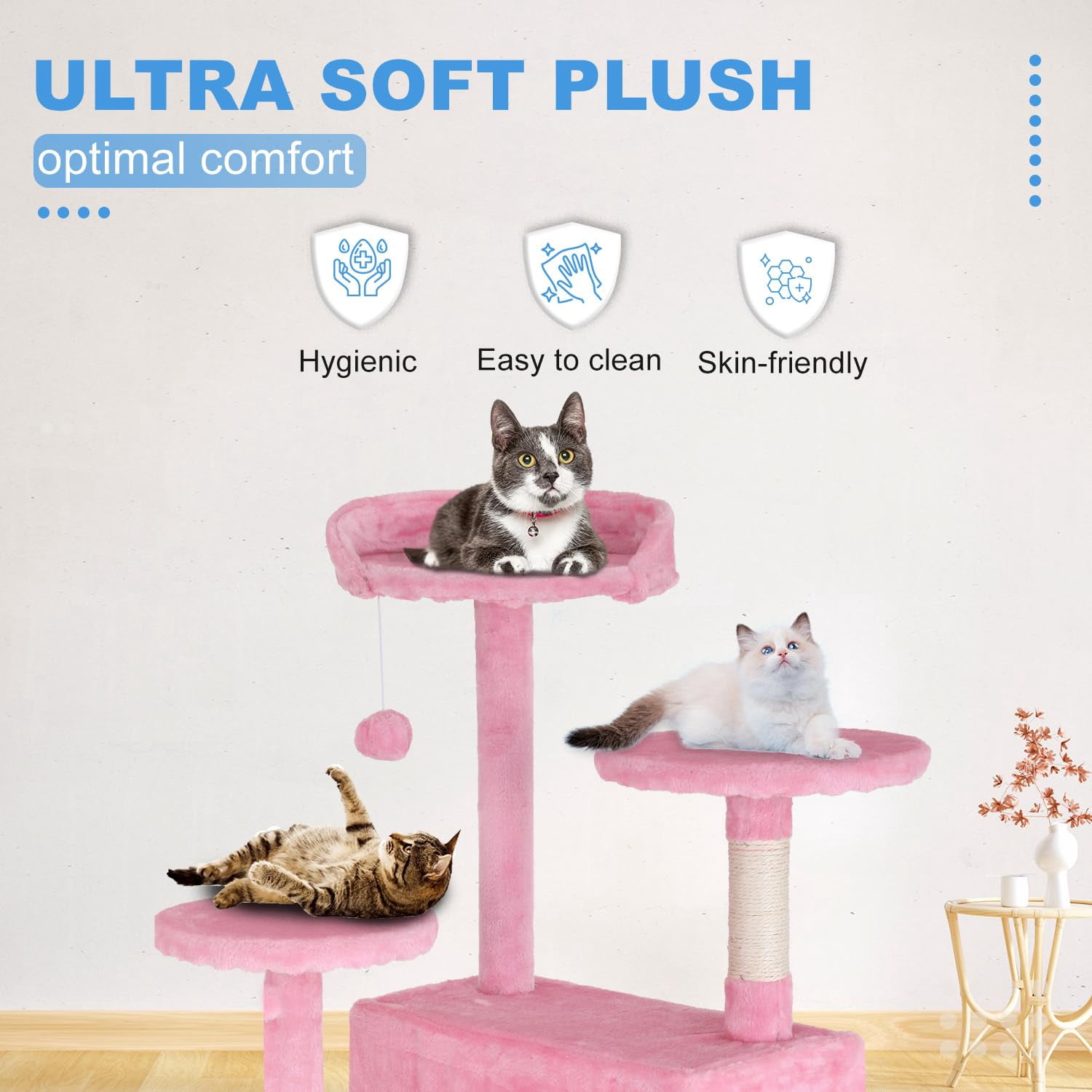 Large Multi-Level Cat Tree, 70 Inches Tall with Sisal-Covered Scratching Posts, Condo, Dangling Ball, and Extended Platform for Cats to Play and Sleep,Pink