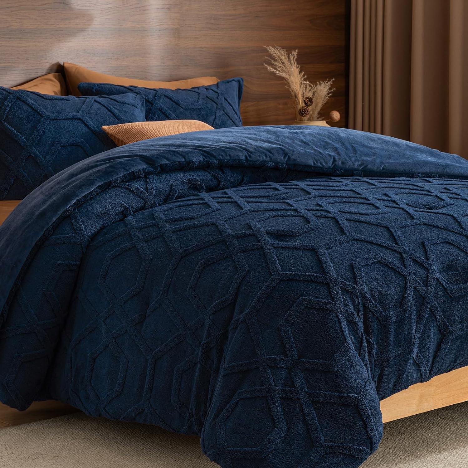 PHF Warm Sherpa Fleece Twin Comforter Set, 3D Tufted Fluffy Navy Blue Bedding for Winter, Soft 2 Pieces Shaggy Bed Set, 1 Comforter (68"x90") and 1 Pillowcase (20"x26")