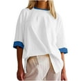 thumbnail image 2 of AKOEE Cotton Oversized T Shirts for Women Trendy Colorblock Crew Neck 3/4 Sleeve Summer Tops Y2k Casual Basic Tees (M, White), 2 of 5