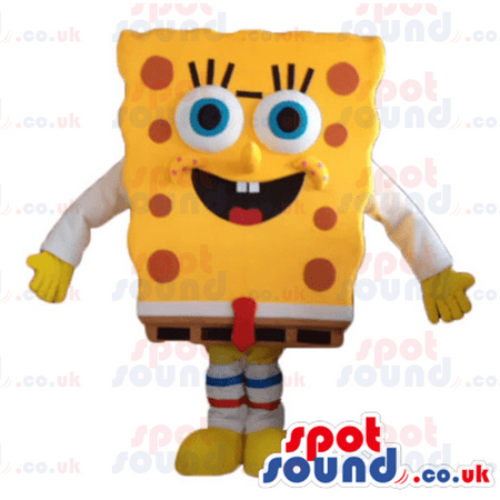 

Sponge bob wearing brown trousers- a black belt and shoes- white socks and a red tie - Mascots-Mascots Sponge Bob