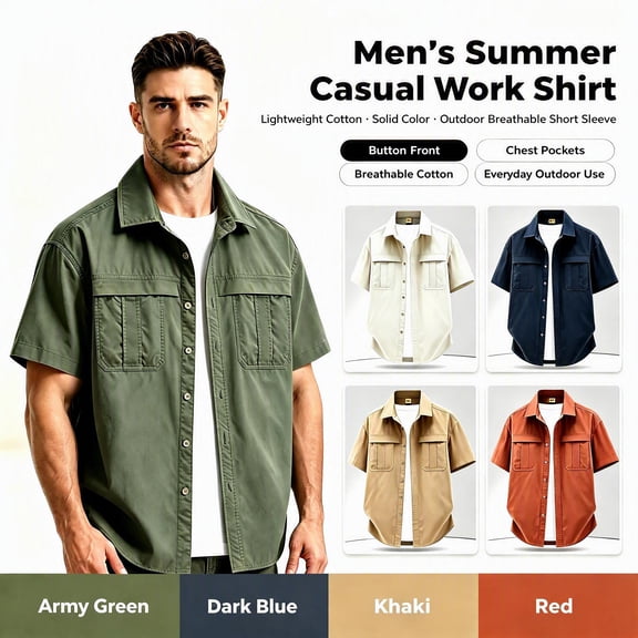 Kalauyu Men's Button Down Shirts Short Sleeve Cotton Shirts with Double Chest Pocket Lightweight Casual Outdoor Work Solid Color Cargo Tops