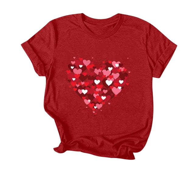 Camiseta de Manga Corta de Cuello Redondo Impresa para las Mujeres Día de San Valentín, Mezcla Ligera de Poliéster para Primavera Verano Otoño
