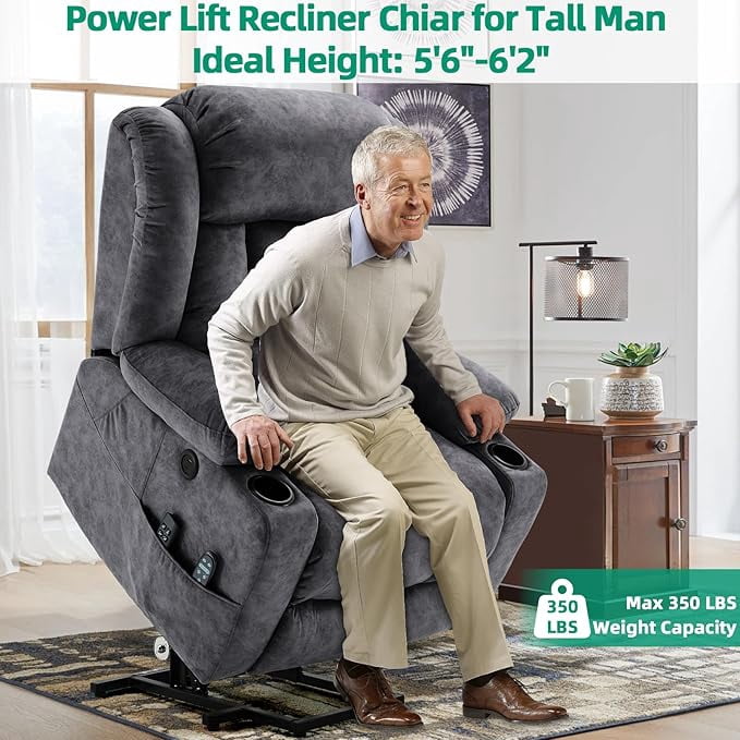 VIVIJASON Tall Man Dual Motor Power Lift Recliner, Oversized Lay-Flat Sleeper with Extended Footrest, Heat, Massage, Lumbar Pillow & USB/Type-C, Plush Grey