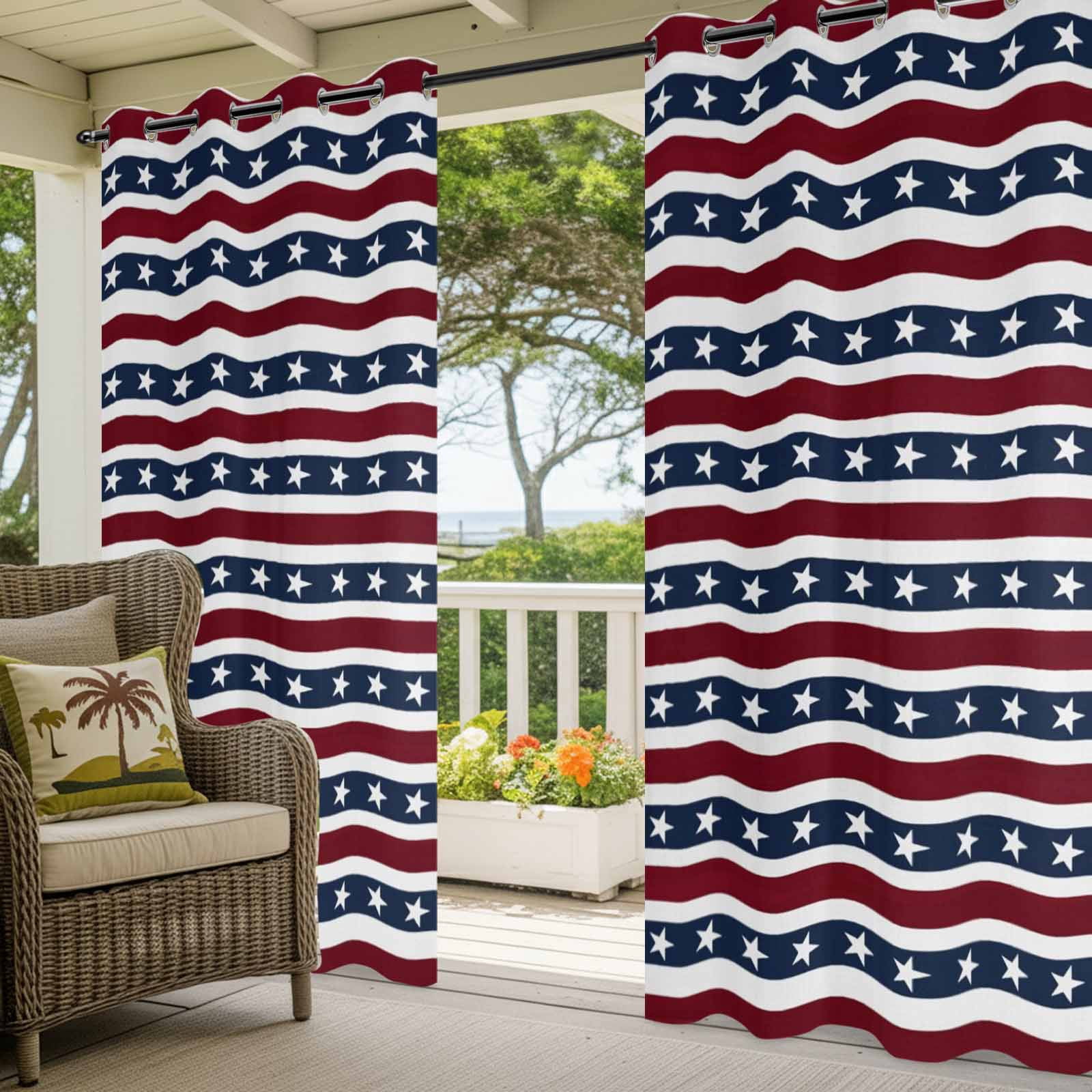 Independence Day Outdoor Curtains for Patio, Watercolor U, S, Flag Themed White Five-Pointed Star Sunshade Privacy Drapes Grommet Waterproof Outside Curtains for Porch Balcony 54"x108", 1 Panel