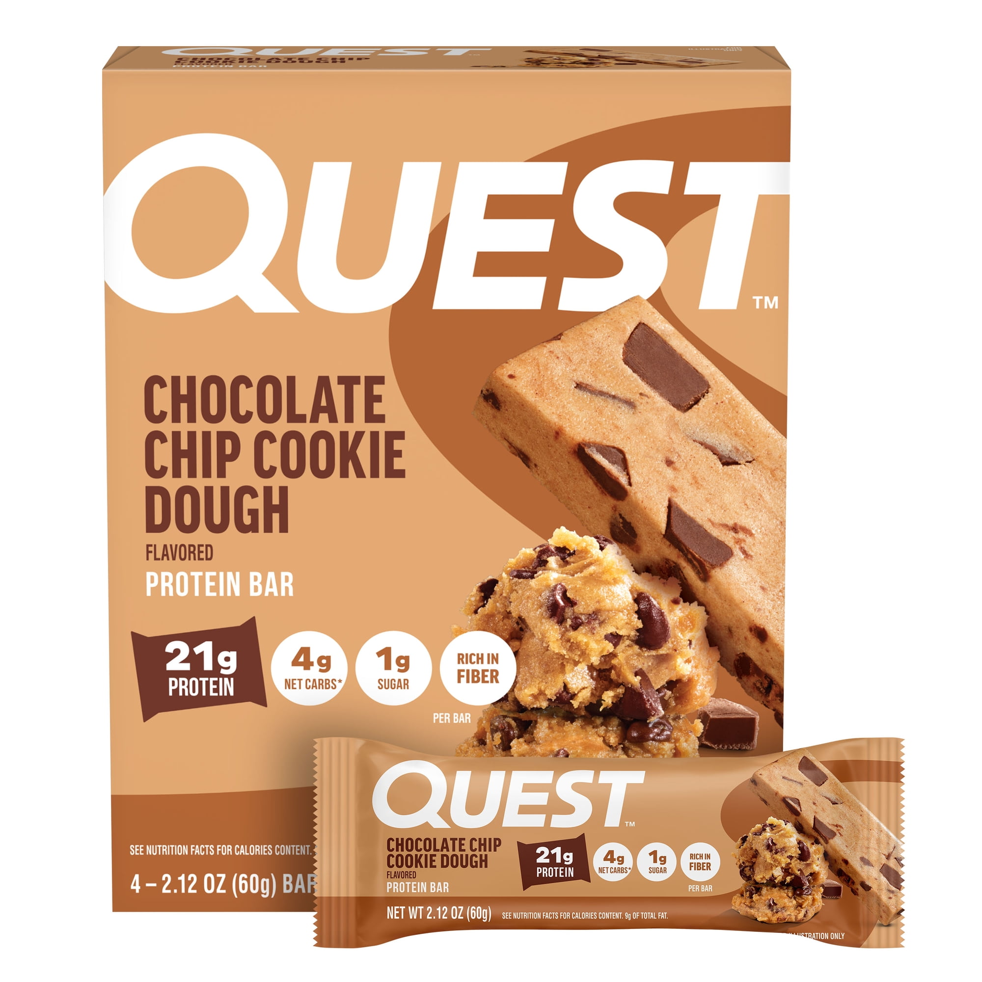 Quest Protein Bar, Chocolate Chip Cookie Dough Flavored, 21g Protein, Gluten Free, 4 Count