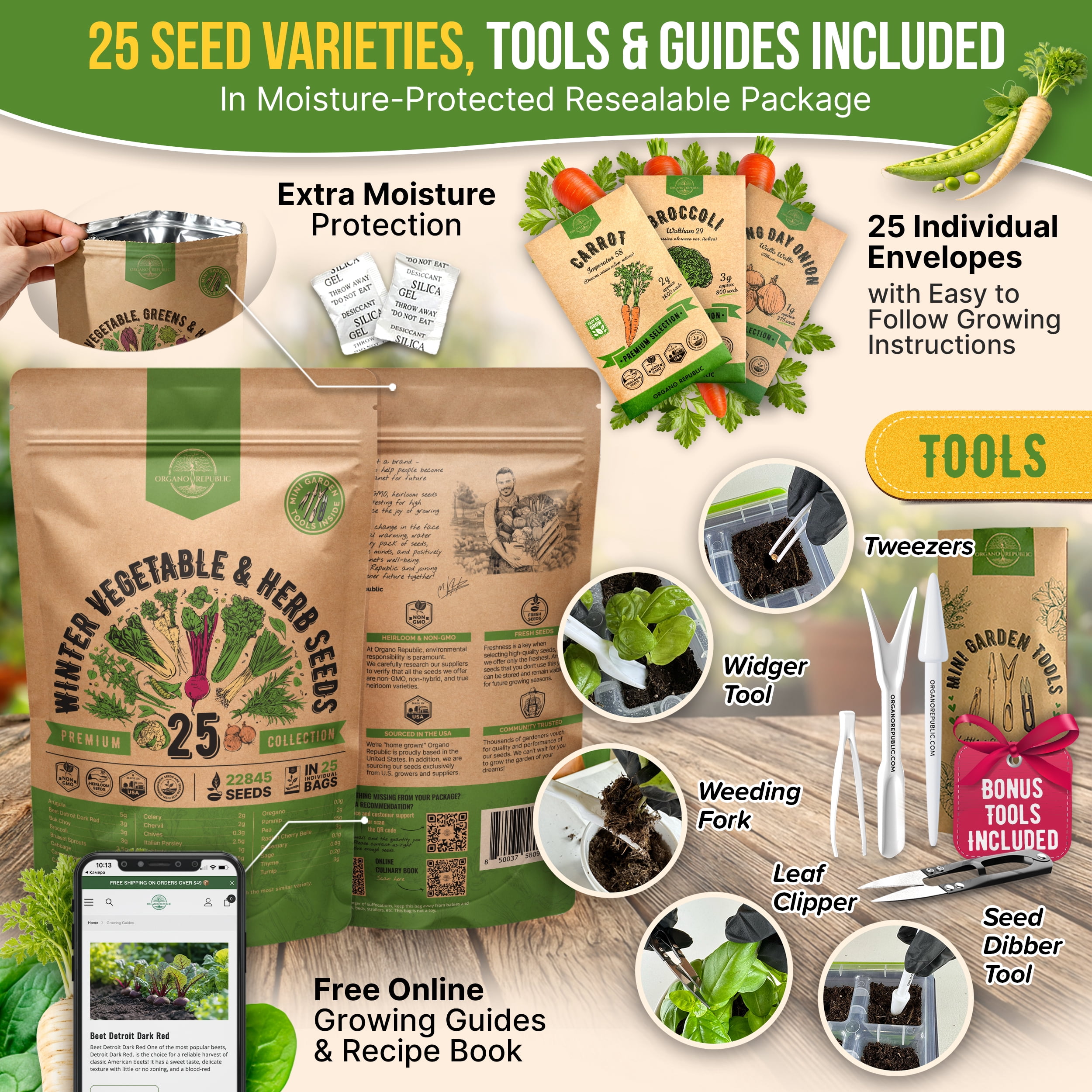 25 Winter Vegetable & Herb Garden Seed Variety Pack - 22,845+ Non-GMO Heirloom Seeds for Gardening