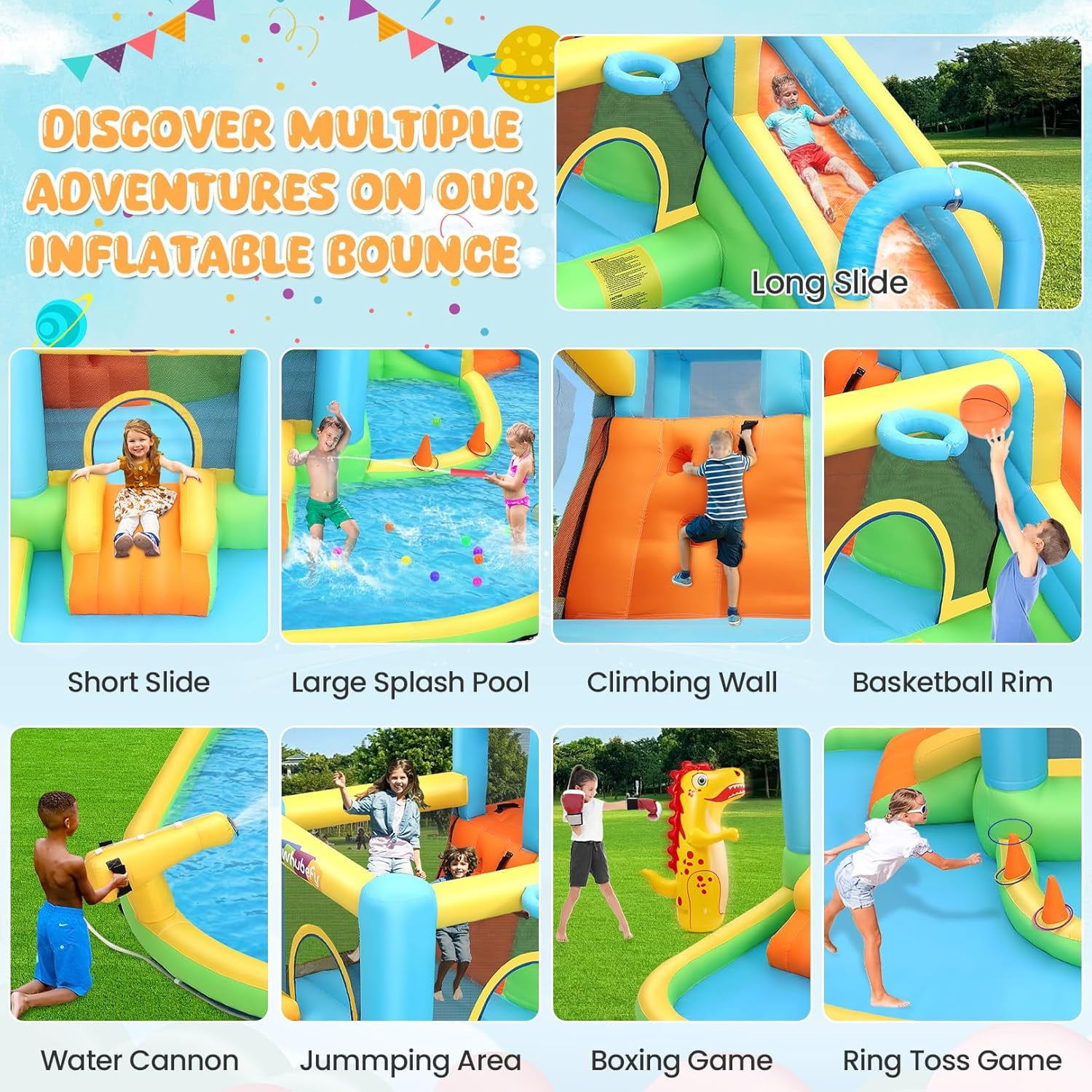 Veeboto Inflatable Water Slide for 3-12 Years, Bounce House with Climbing Wall, Ball Pool, Water Guns, Basketball Hoop, Hoop Game, Indoor/Outdoor Kids Bouncy Castle with Blower