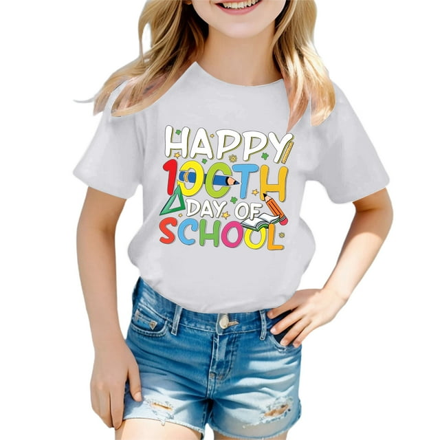 T-shirts Filles Col Rond Manches Courtes Joyeux 100e Jour d'École Hauts Filles Blanc 3-4 Ans