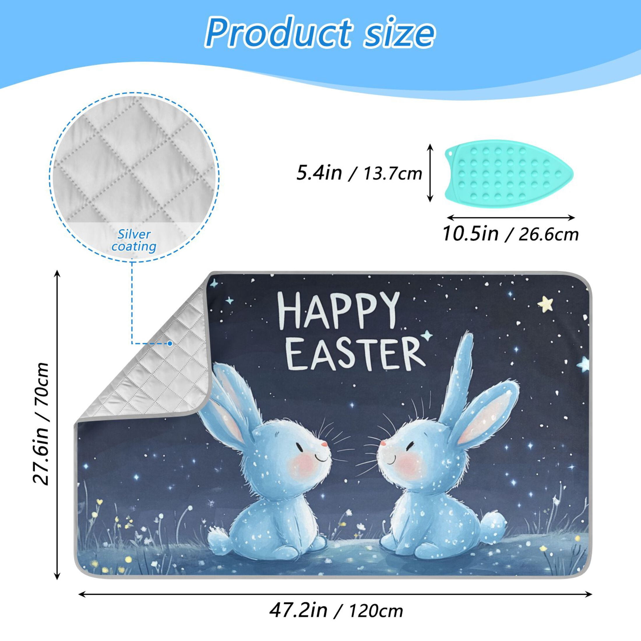 Cartoon Rabbits in Starry Night Easter Ironing Mat Blanket Portable Travel Ironing Pad Heat Resistant Pad 47.2" x 27.6”