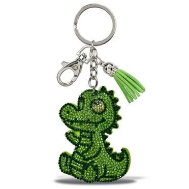 Aqua79 Alligator Keychain - Green Sparkling Rhinestones Charm with Tassel, Fashionable Stylish Polyester PU Wild Life Key Ring Bling Jewelry Accessory with Clasp For Key Chain, Bag, Purse and Backpack