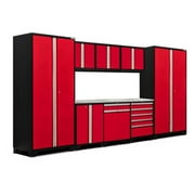 NewAge Products Pro Series Red 9 Piece Cabinet Set, Heavy Duty 18-Gauge Steel Garage Storage System, LED Lights Included