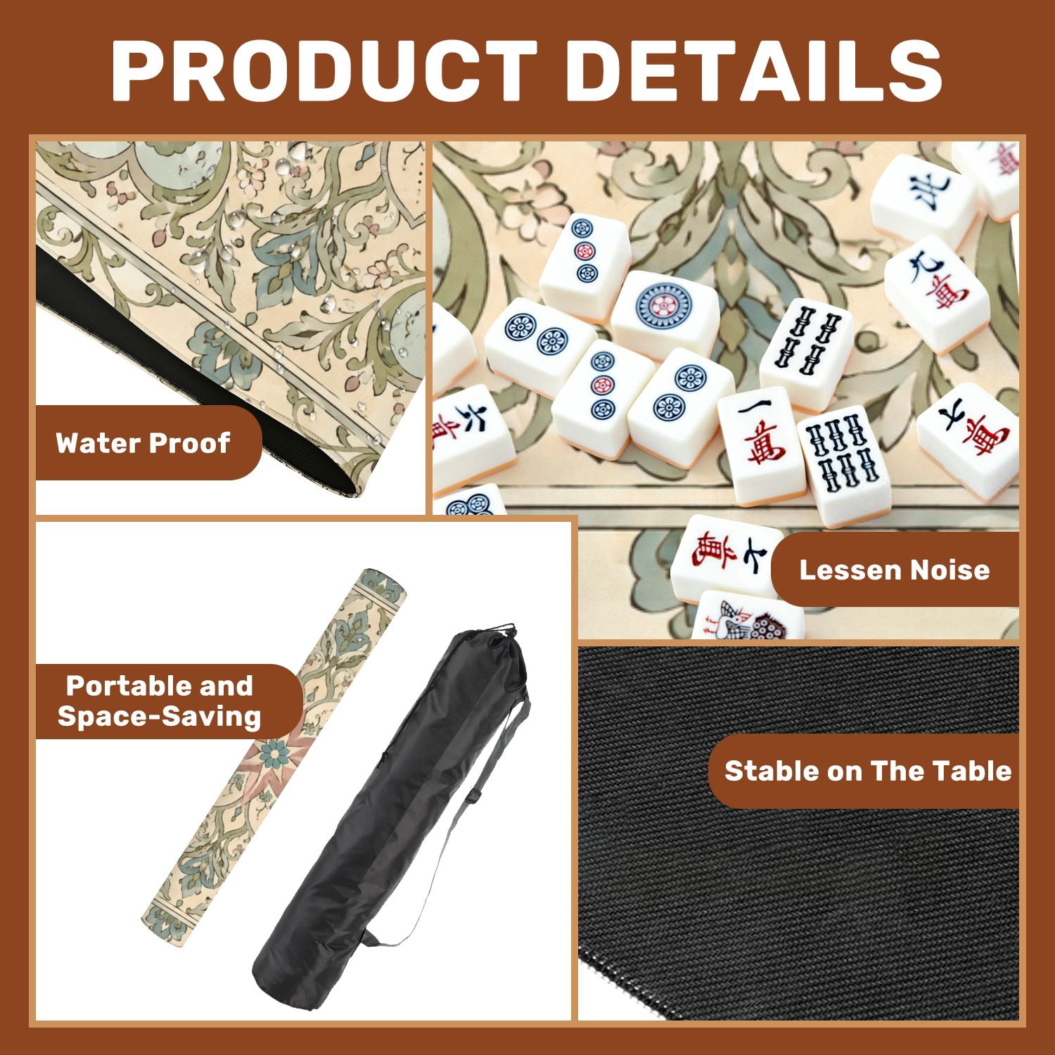 Mahjong Mat 31.5" x 31.5" Hand drawn artistic Seamless ornate frame border doodle floral Non-Slip Noise Reduction Chic Portable Gaming Table Cover for Family Game Night & Gift