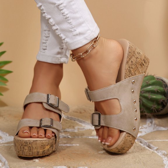 Domuza Women's Cork Buckle Wedge Sandals Comfortable Casual Fashion Dressy Slip On Leisure Beach Vacation Open Toe Summer Platform Wedge Mules Slide Sandals Beige 7.5(EU-39)