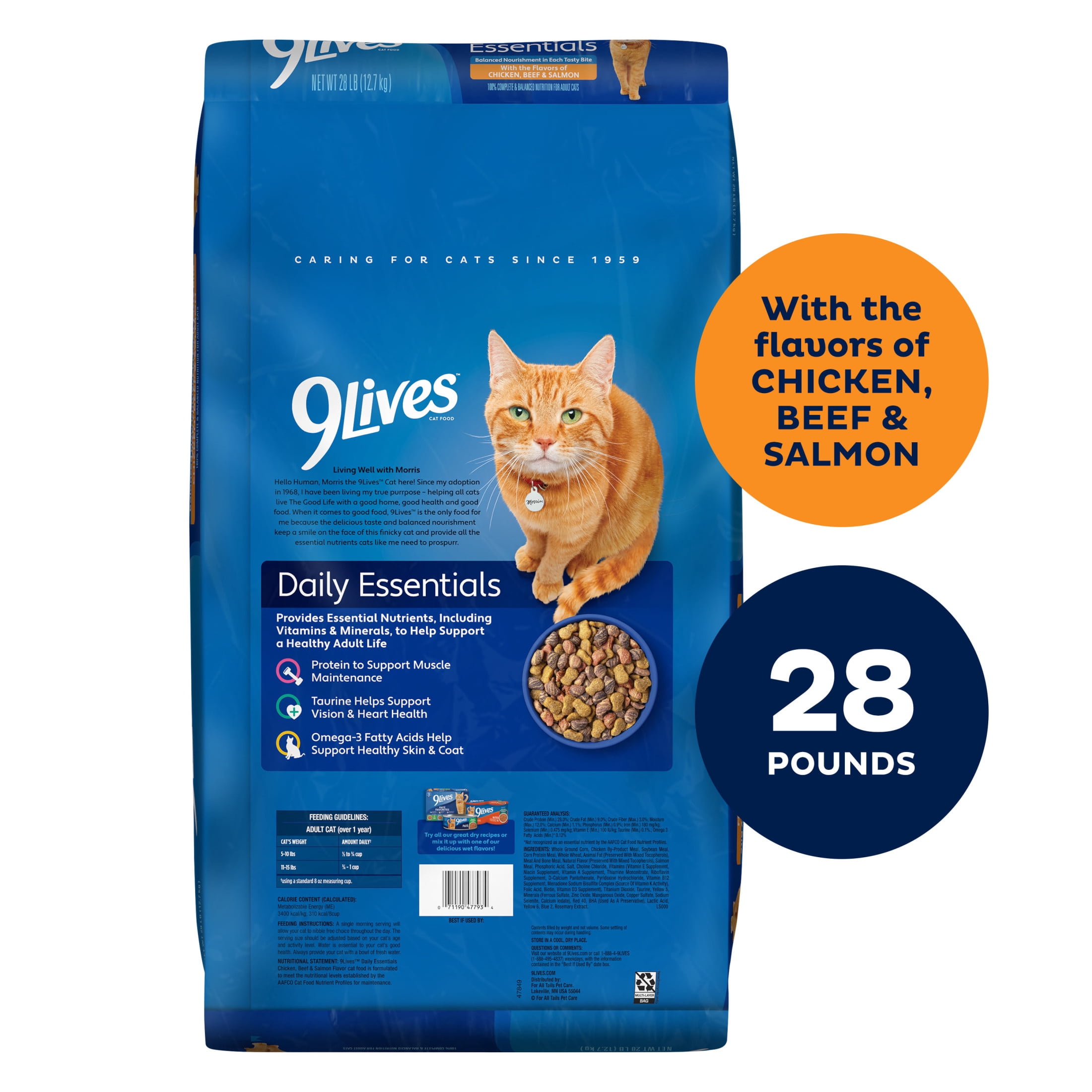 9Lives Daily Essentials Dry Cat Food for Adult Cats with Chicken, Beef & Salmon, 28 lb. Bag