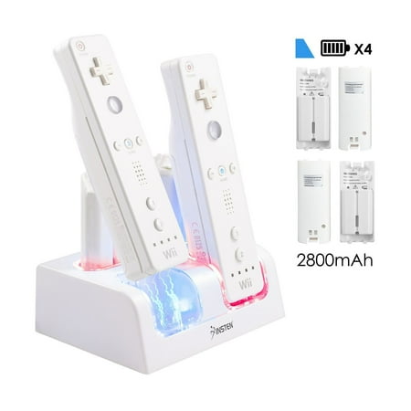 4 Ports Charging Station for Wii Remote Controller, Charger Dock Stand with 4 Bonus 2800mAh Rechargeable Replacement Batteries Pack (Updated Version) White by Insten