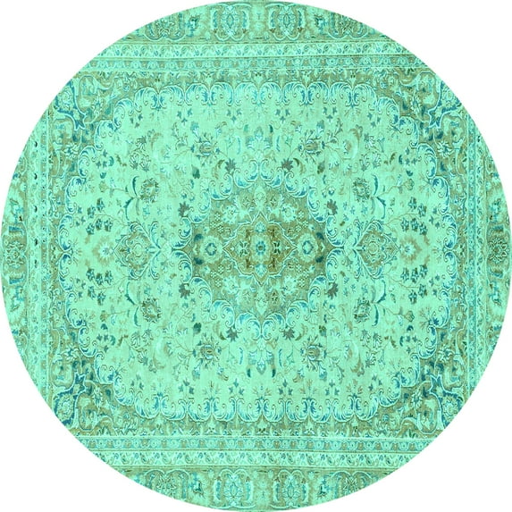 Ahgly Company Machine Washable Indoor Round Abstract Turquoise Blue Modern Area Rugs, 6' Round