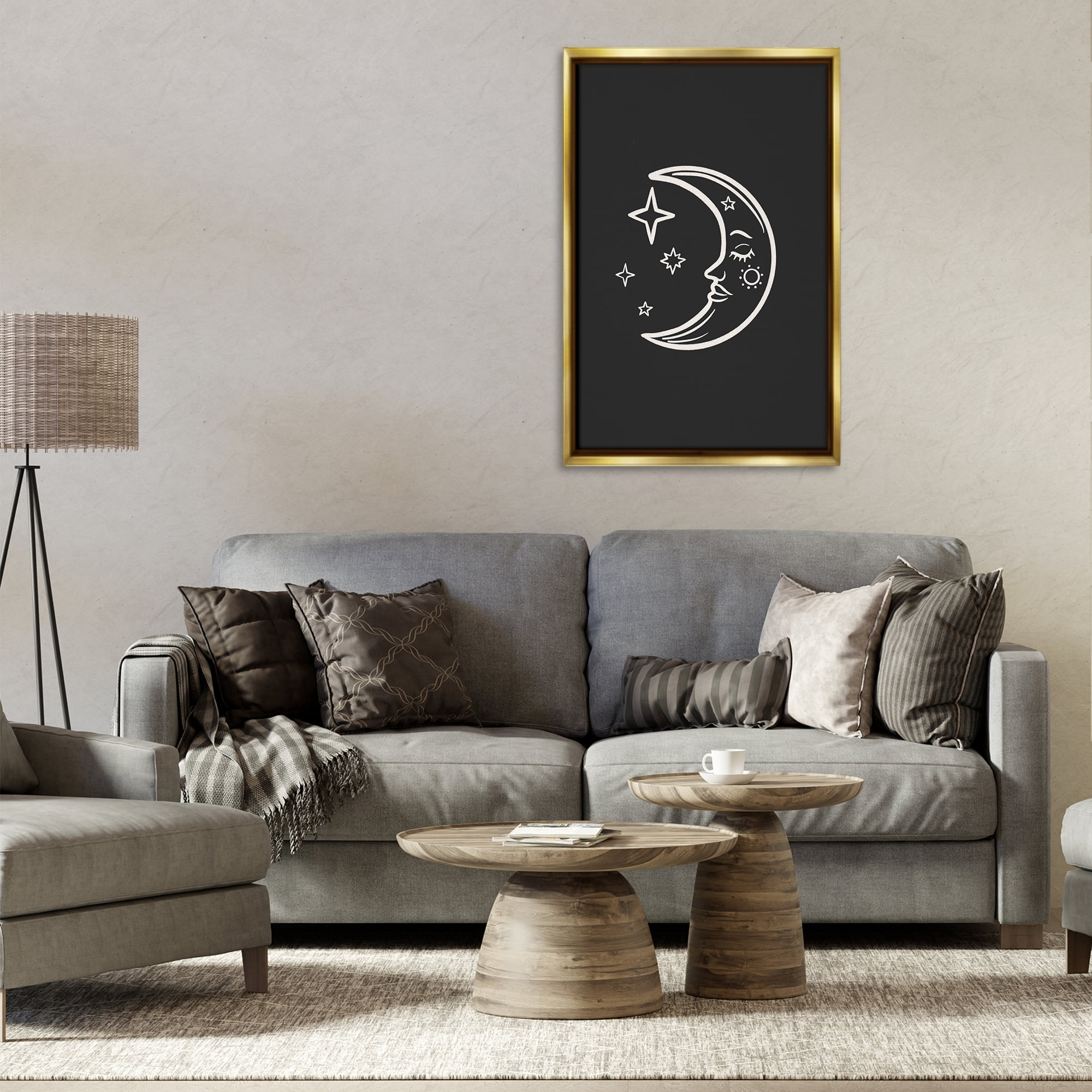 Stupell Industries Moon & Stars on Black Astrology & Stars Painting Gold Floater Framed Canvas Art Print Wall Art, 21 x 31