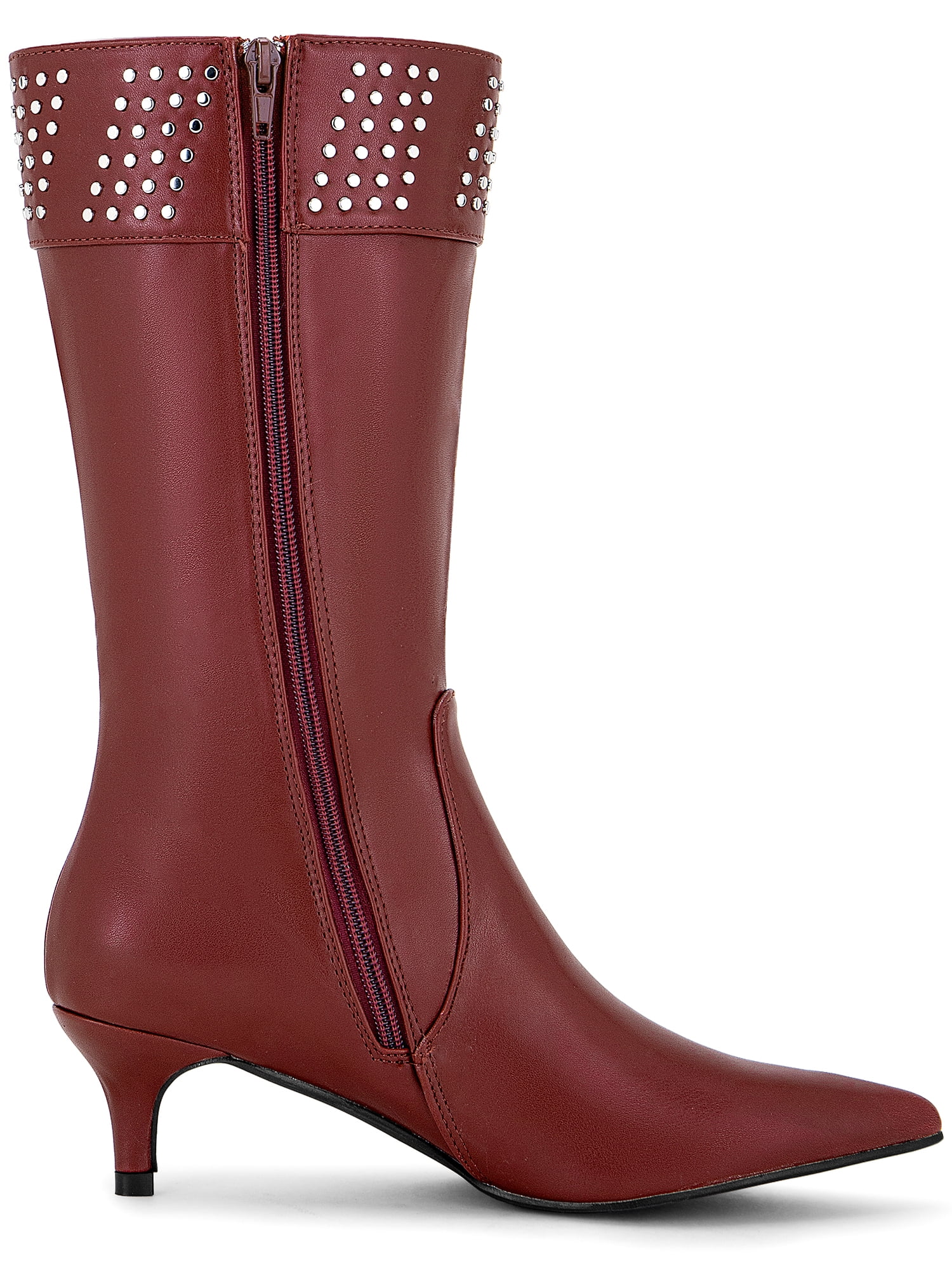 DARING DIVA Women's Stylish Pointed Toe Kitten Heel Knee High Boots Burgundy 9