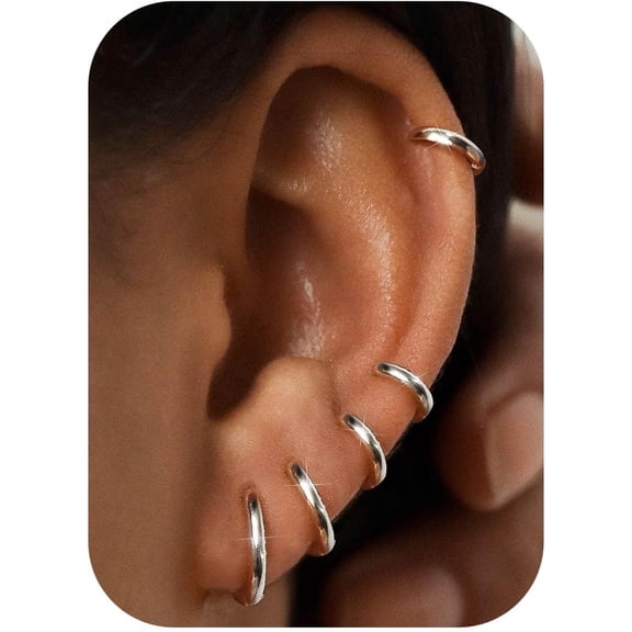 5 Pairs Small Hoop Earrings Set for Women Lightweight Tiny Huggie Hoops Silver Mini Cartilage Earrings Pack Hypoallergenic Ear Piercing