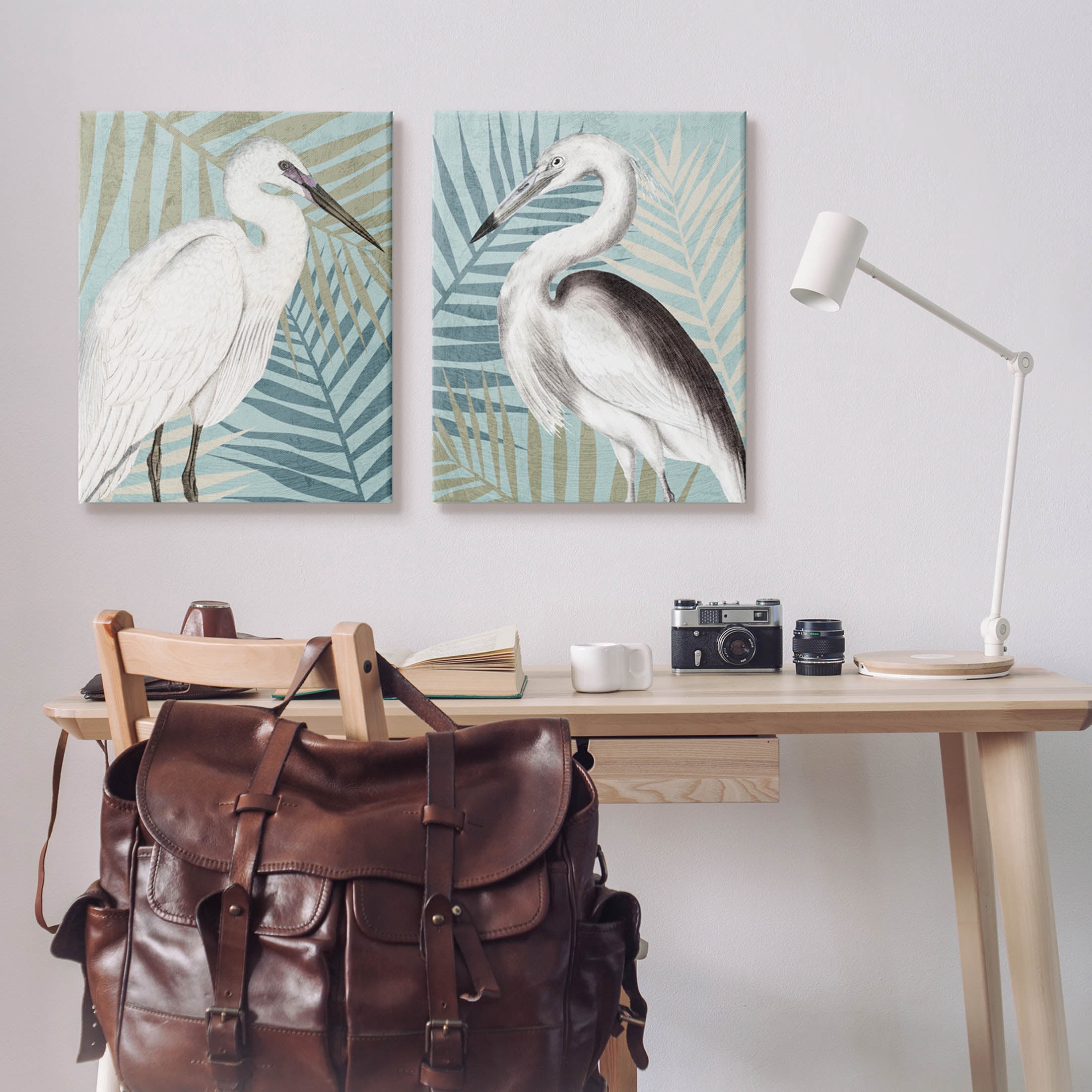 Heron Birds Layered Plant Leaves Animals & Insects Graphic Art Gallery Wrapped Canvas Print Wall Art, Set of 2
