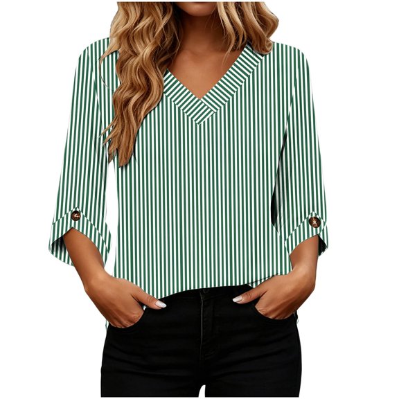 Qiggri 3/4 Length Sleeve Womens Tops Dressy Casual Blouses V Neck T Shirts Summer Tops Spring Outfits Loose Fit L